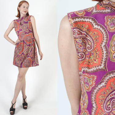 60s Psychedelic Scooter Mini Dress Neon Abstract Op Art Material Vintage Trippy Short Micro Frock 