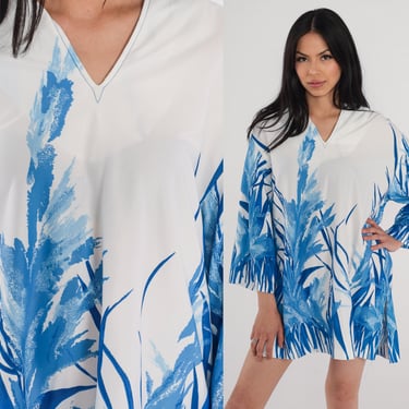 70s Tunic Top Side Slit Shirt White Blue Floral Bird of Paradise Print Tropical Long Wide Sleeve Summer Blouse Vintage 1970s Medium Large 