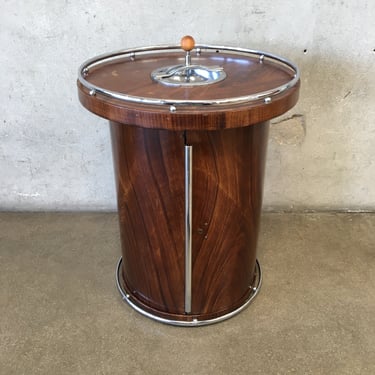 Vintage Art Deco Metal Drum Table with Rotary Bar/Drink Smoke Stand