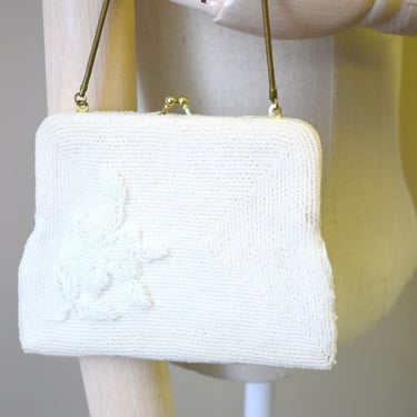 1950s White Floral Beaded Handbag 