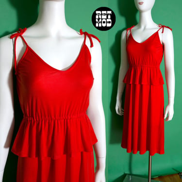 Comfy Soft Vintage 70s 80s Bright Red Sun Dress with Peplum 