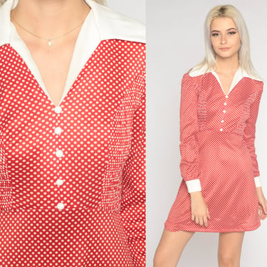 Polka Dot Dress 70s Mod Mini Dress Rust Red Smocked High Waisted Contrast Collar Button Up Long Sleeve Dolly Twiggy Vintage 1970s Small S 
