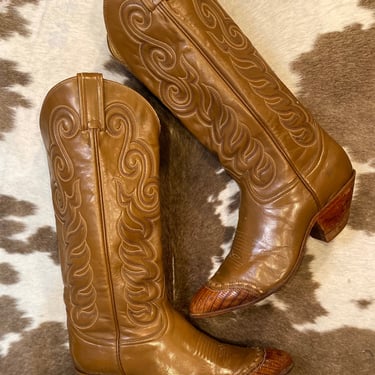Tall Vintage Tan Leather Tony Lama Black Label Cowgirl Boots size 6 