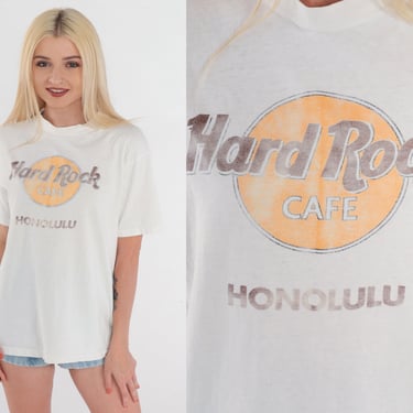 Hard Rock Cafe Shirt 90s Honolulu T-Shirt Hawaii Graphic Tee Retro Biker TShirt Single Stitch Faded Worn in White Top Vintage 1990s Large L 
