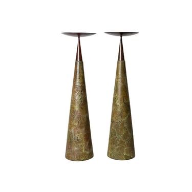 Monumental Pair of Tony Evans Ceramic Bronze Conical Pillar Candlesticks 1980s 