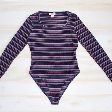 Vintage 90s Bodysuit, 1990s Scoop Neck Bodysuit, Striped, Ribbed, Long Sleeve, Shirt, Top 