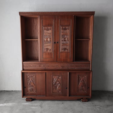 Antique Panelcarve Wood Hutch Cabinet 