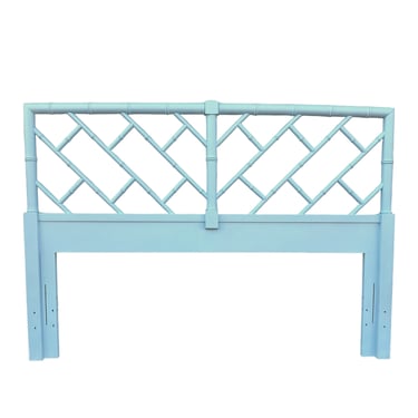Chinese Chippendale Queen Headboard by Henry Link Bali Hai Painted Light Blue - Vintage Faux Bamboo Fretwork Full Chinoiserie Coastal Style 