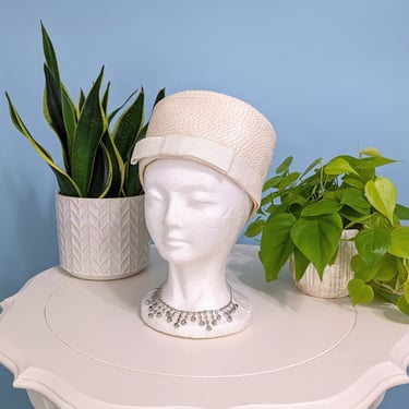 Vintage 1960s Cream Colored Woven Pillbox Hat, Vintage 60s Evening Cocktail Hat 