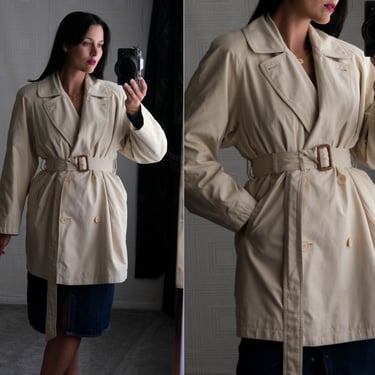 Vintage CALVIN KLEIN Creamy Beige Double Breasted Belted Overcoat | Water Resistant | 1990s CK Designer Velvety Rain Trench Coat Jacket 