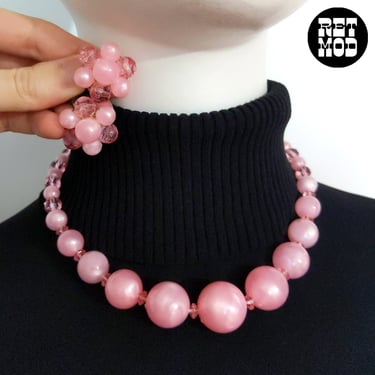 Pretty Vintage 50s 60s Pastel Pink Beaded Necklace & Cluster Earring Set 