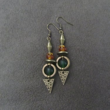 Green frosted glass earrings, boho chic tribal ethnic earrings, bold bronze earrings, unique artisan earrings, bohemian 