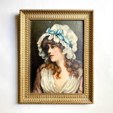 Sweet Antique Victorian Era Portrait Oil Painting of Young Woman In 18th C Dress 