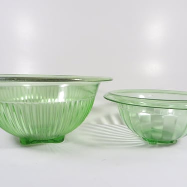 Mid Century Hazel Atlas Green Glass Mixing Serving Bowls - Vaseline Uranium Glass Hazel Atlas Bowls 