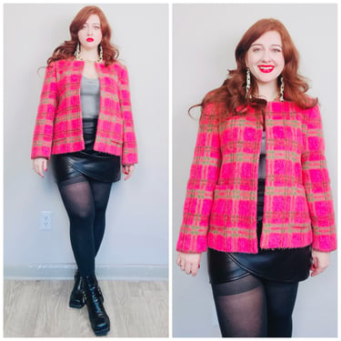 1990s Vintage Cross Country Pink Plaid Fuzzy Jacket / 90s Wool Cropped Single Button Blazer Coat / Size XL 