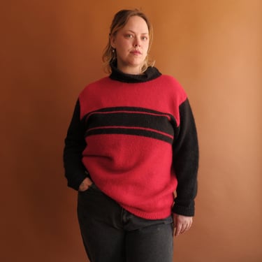 Vintage 80s Mohair Sweater/ 1980s United Colors of Benneton Red Black Sweater/ Size XL 50 