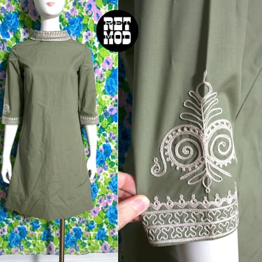 Just Beautiful Vintage 60s Olive Green Cotton Shift Dress with Lovely Soutache Embroidery on Neckline and Cuffs 