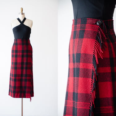 red plaid skirt | 90s y2k vintage Woolrich red black plaid wool dark academia fringed blanket wrap skirt 