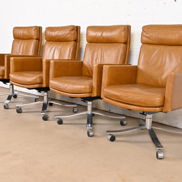Stow Davis Mid-Century Modern Leather Executive Swivel Desk Chairs, Set of Four