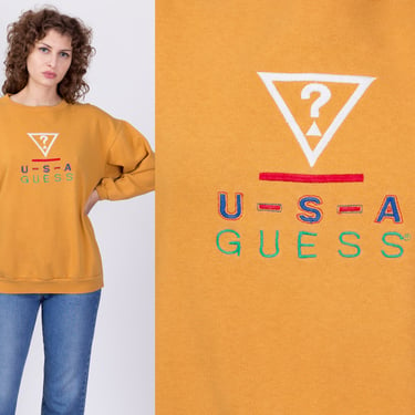 90s Guess USA Mustard Yellow Sweatshirt - One Size | Vintage Streetwear Embroidered Graphic Crewneck Pullover 