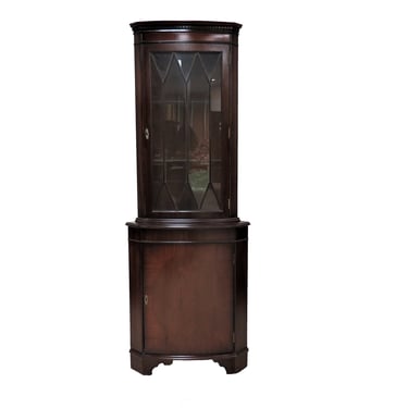 Vintage Wooden Cabinet | English Inlaid Mahogany Corner Cabinet With Fretwork Glass Door 