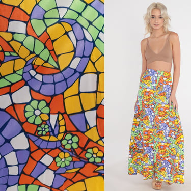 70s Skirt Psychedelic Maxi Skirt Abstract Floral Tile Print Colorful Groovy Festival Seventies High Waisted Button up Vintage 1970s Medium M 