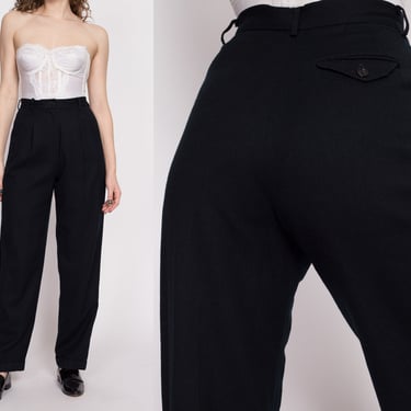 80s High Waisted Black Wool Trousers - Small, 26.5