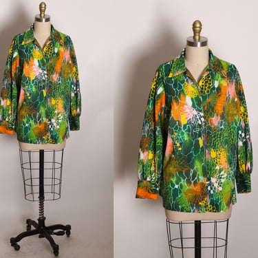 1970s Green, Yellow and Orange Floral Psychedelic Long Sleeve Button Up Blouse by Stockton -XL 