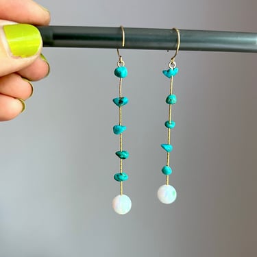 Turquoise and Opal Chain Hoop Drop Earrings 