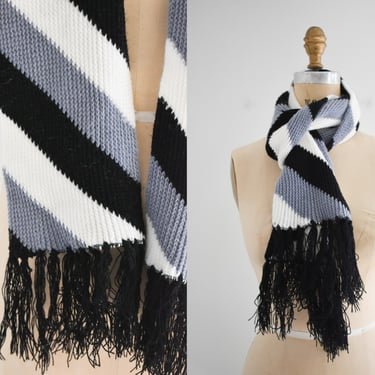 1960s/70s Gray, Black, and White Striped Sweater Knit Scarf 