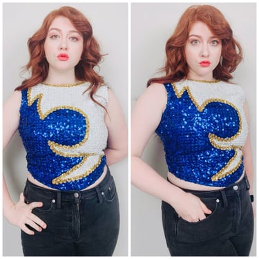 1970s Vintage Blue and White Sequin Crop Top / 70s Color Block Gold Cheerleading Blouse / Size Medium 
