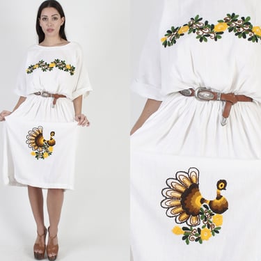 Soft White Hand Embroidered Mexican Birds Gauze Dress M L 