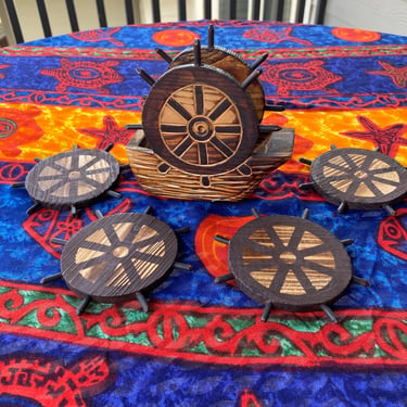 Carved Wooden Ship Wheels Coaster Set 