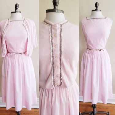 1950s Pink Dress + Sweater Set L'Aiglon / 40s Summer Sleeveless Belted Dress Matching Short Sleeved Cashmere CardiganFloral / S / Roda 
