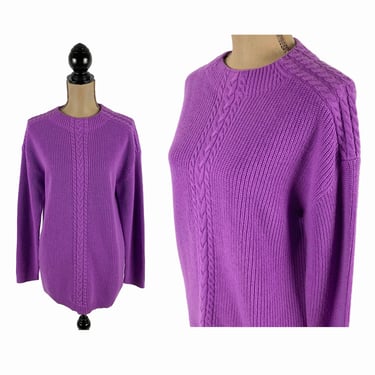 90s Y2K Orchid Purple Sweater Large, Ribbed + Cable Knit Tunic Oversized Drop Shoulder Nylon Wool Blend, 1990s Clothes Women Vintage Talbots 