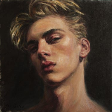 Original Oil Painting – The Look, Sensual Male Portrait on Canvas by Pat Kelley 