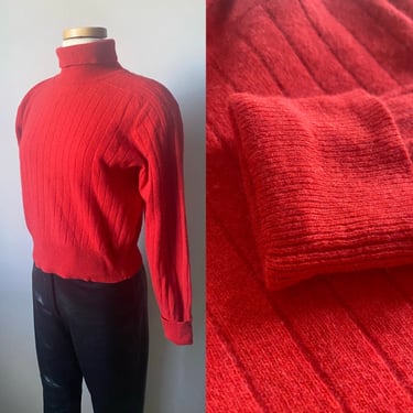 Red Cropped Turtleneck Lambswool and Angora Sweater 