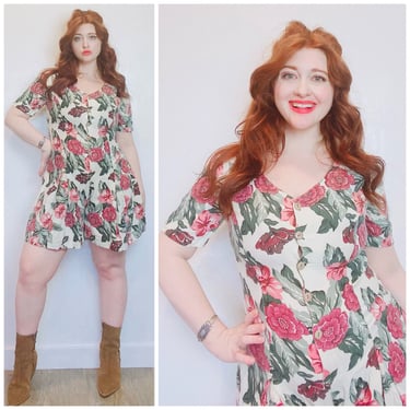 1990s Vintage Styles To Go Cream Floral Romper / 90s Pink Flower Button Up Shorts Playsuit / Large 
