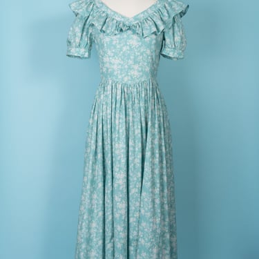 Stunning Vintage 80s Laura Ashley Pastel Blue/Green Floral Print Cotton Maxi Dress with Ruffled Neckline and Puff Sleeves 