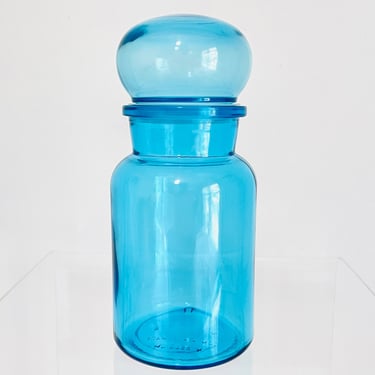 Vintage 1970s MCM Blue Art Glass Dome Bubble Lid Belgium Container Apothecary Jar Canister 