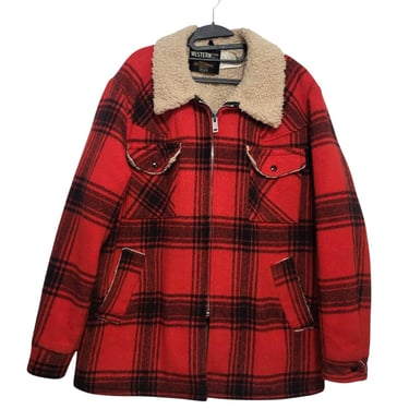 Vintage SEARS Western Outdoor Wear Chore Coat, Red & Black Buffalo Plaid Barn Jacket, 1970s Sherpa Outerwear, Lumberjack Woodsy Cowboy 