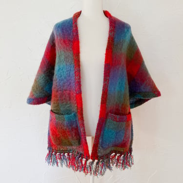 70s 80s Bright Plaid Mohair Shawl with Pockets and Fringe | One Size 