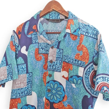 vintage aloha shirt / Hawaiian shirt / 1970s blue cotton bark cloth abstract tiki print aloha button up shirt Large 