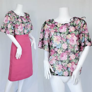 Volup Pink Flutter Sleeve 1970's Floral Print Blouse I Top I Shirt I Sz Lrg I Looks 