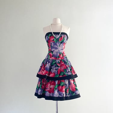 1980's AJ Bari Floral Print Cotton Party Dress / Sz S