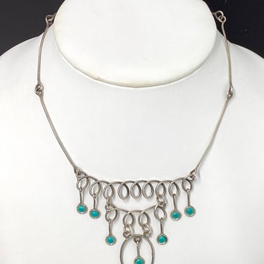Vintage Delicate Sterling Silver & Turquoise Festoon Linked Necklace Mexico 925 Scrolling Circular 