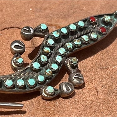 Vintage Native American Sterling Silver and Turquoise Alligator with Red Coral Eyes Pendant / Pin / Brooch 