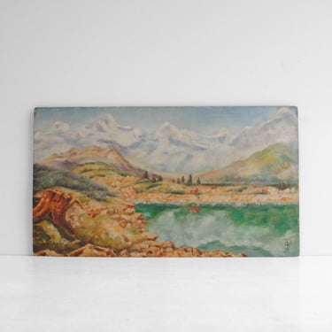 Vintage 1925 Landscape Oil Painting of Riffelhorn Mountain in Switzerland 