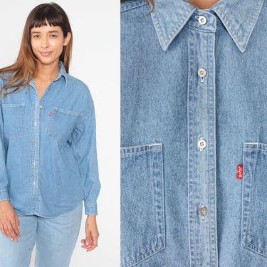 Levis Denim Shirt 90s Blue Jean Button Up Shirt Long Sleeve Cotton Button Down Boyfriend Top Retro Streetwear Basic Vintage 1990s Medium M 