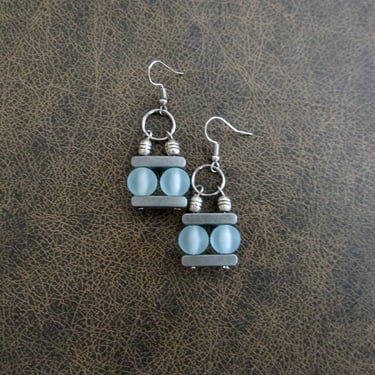 Mid century modern earrings, Brutalist earrings, minimalist earrings, pale blue unique artisan earrings, frosted sea glass earring, pewter 